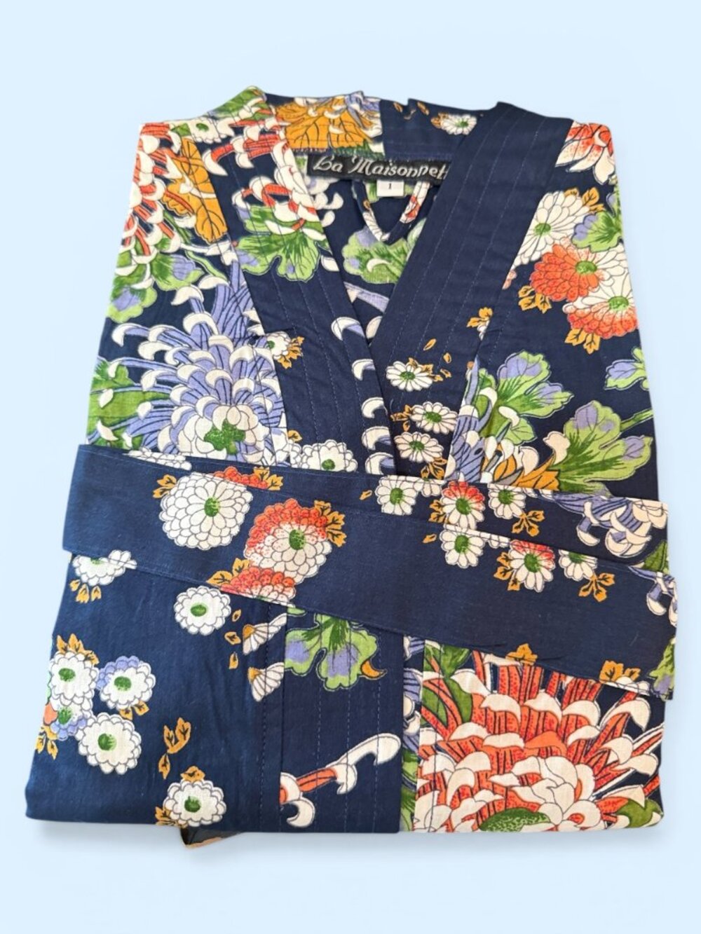 La Maisonette Vintage Floral Navy Blue 100% Luxury Cotton Robe with Tie Belt-NEW